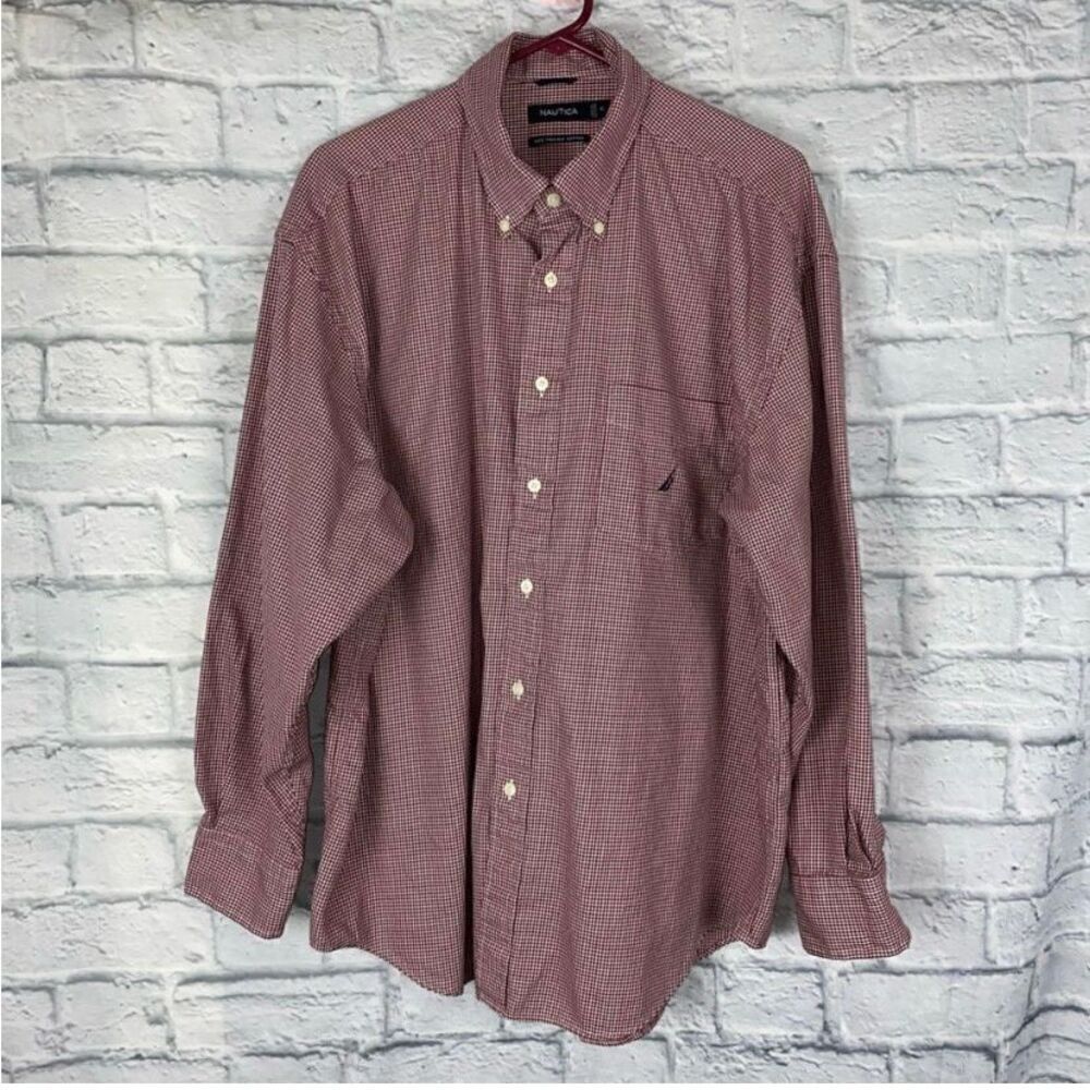 Nautica men XL 100% 80’s 2 ply cotton red & white checkered button down